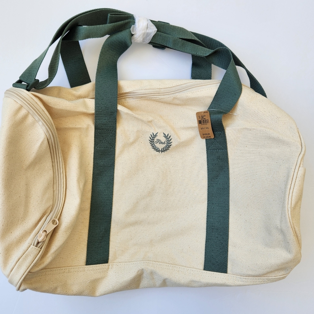 PINK Victoria's Secret Cream Canvas Travel Duffel with Green Straps